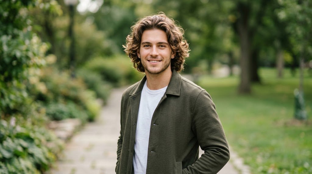 Handsome man showing medium-length wavy and curly hairstyle with natural texture and volume