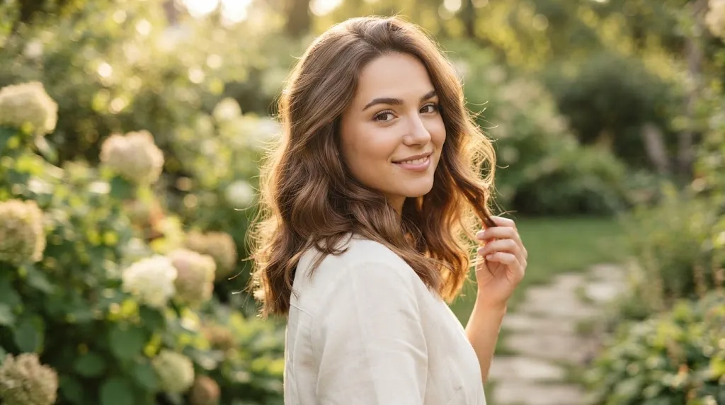 A girl with healthy shoulder-length wavy hair featuring natural movement and soft texture