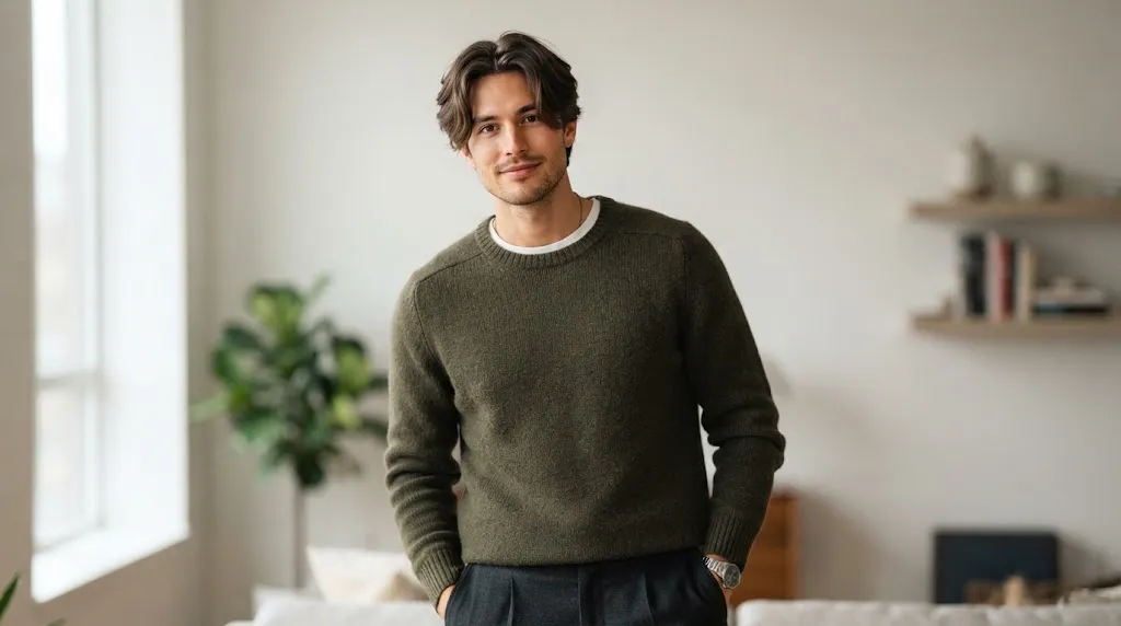 Man with medium-length hair styled in a curtain fringe haircut to balance an oblong face shape