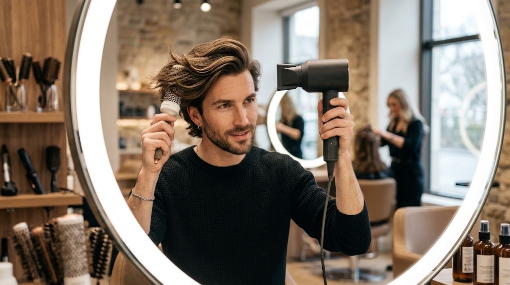 Man blow drying medium length hair diagonally to create side volume and balance long face shape