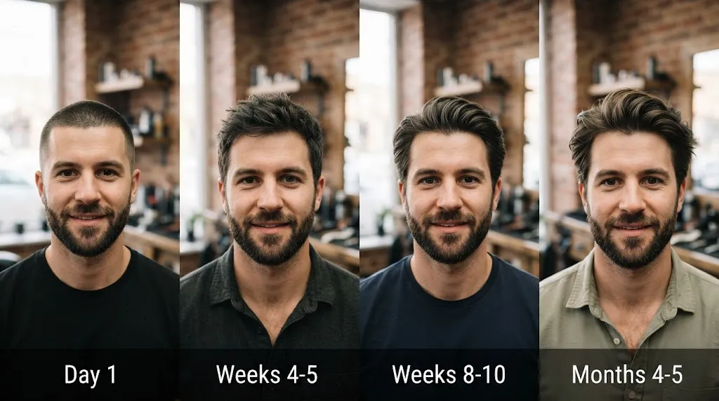 Man showing the transition from short hair to medium length hair growth stages in a professional barber shop