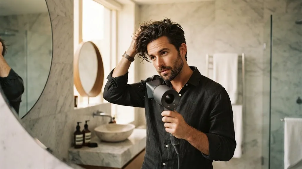 Man using a professional hair blow dryer for heat protection on medium length hair