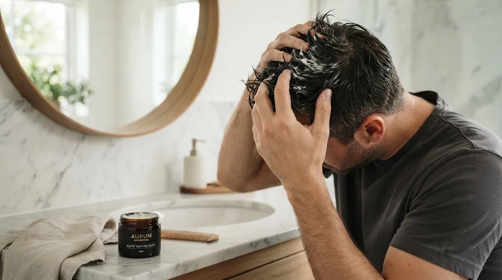 Man preparing medium length hair with product in a modern bathroom for a professional grooming routine