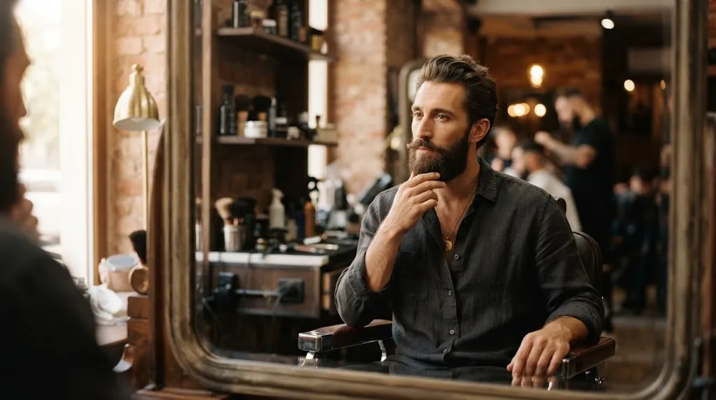 Stylish man with a long face shape looking in a mirror at a professional barbershop for a haircut consultation