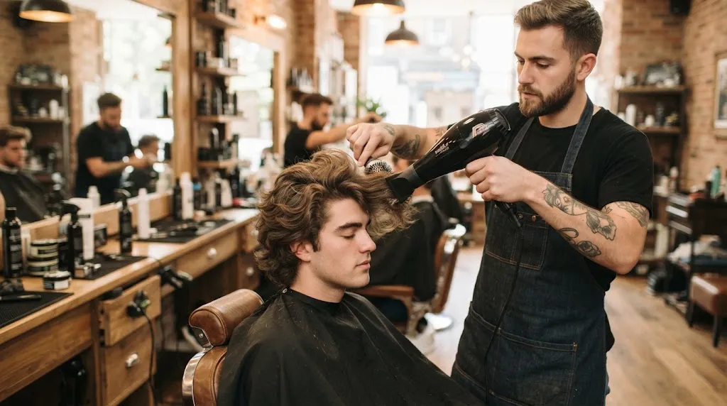 Professional barber using a blow dryer with a concentrator nozzle to add volume and shape to a man's medium-length hair.