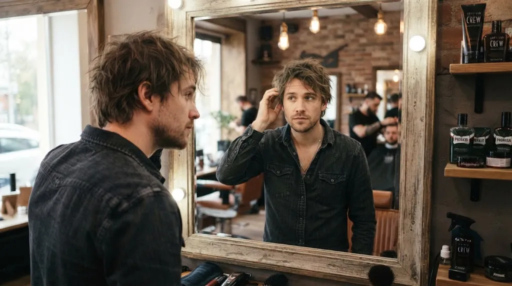 A stylish man examining his medium length hair in a mirror at a modern barber shop