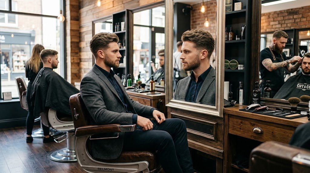 A stylish man with a well-groomed, textured medium-length haircut inside a modern barbershop, illustrating the ideal hair-type and face-shape match.