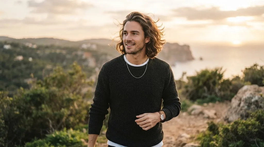 A man with stylish medium-length wavy hair showing natural volume and texture, representing different wavy hairstyle lengths.