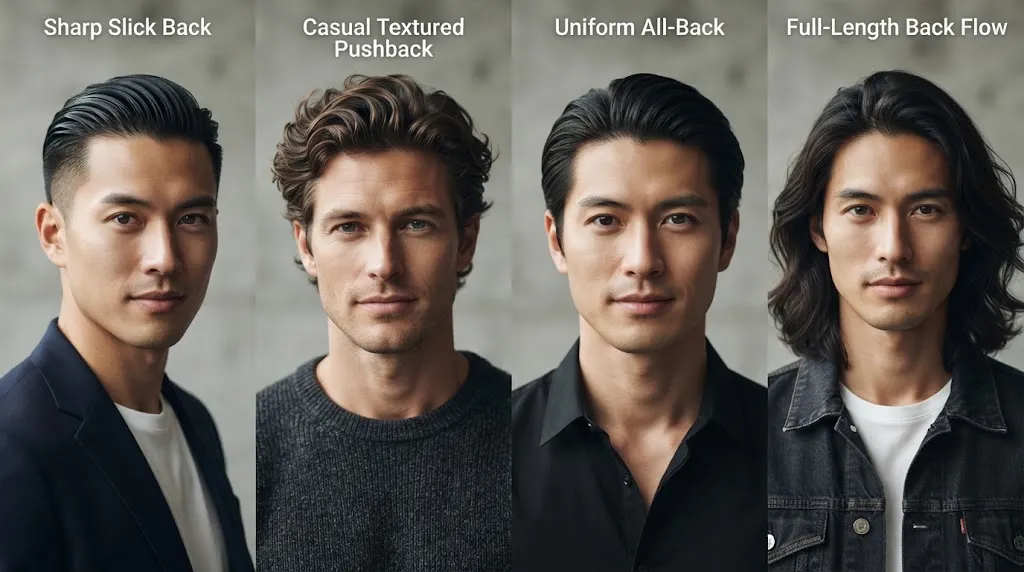Four different men's back hairstyles including slick back, pushback, all-back, and full back flow styles.