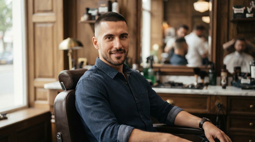 A stylish man with a buzz cut and low fade haircut, optimized for a long face shape to add balance.