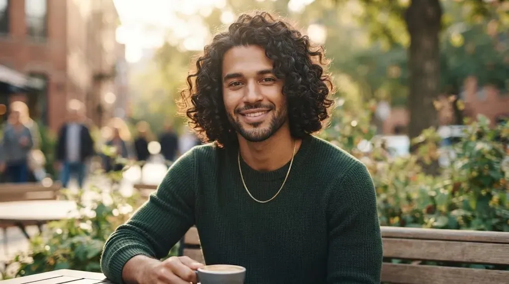 A stylish man with tight curly hair styled into a high top knot and clean shaved undercut fade on the sides.