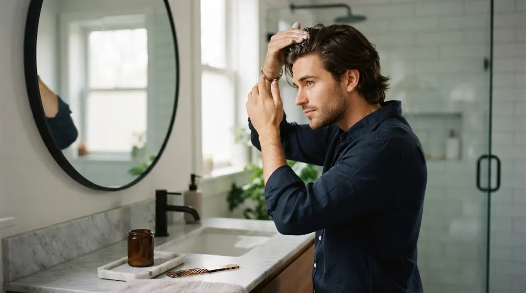 Young man performing a daily hair care routine on medium-length hair in a modern bathroom.