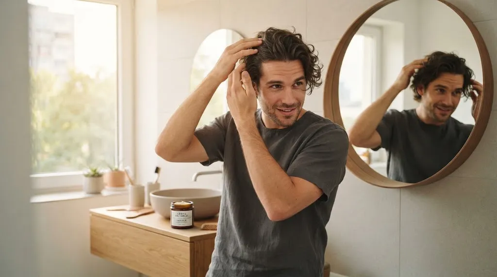 Man performing a daily hair routine on medium-length hair in a modern bathroom setting.