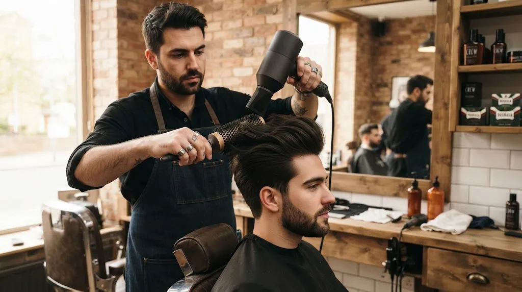 Professional barber blow-drying a man's hair straight back with a concentrator nozzle to build volume for a back hairstyle
