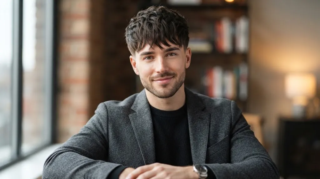 Stylish men's haircut featuring a textured forward-swept fringe and side volume for balancing an oblong face shape