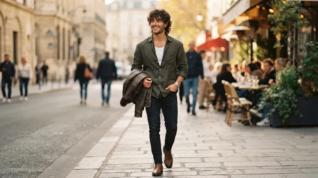 A stylish man with a medium-length curly shag haircut featuring textured layers and framing fringe