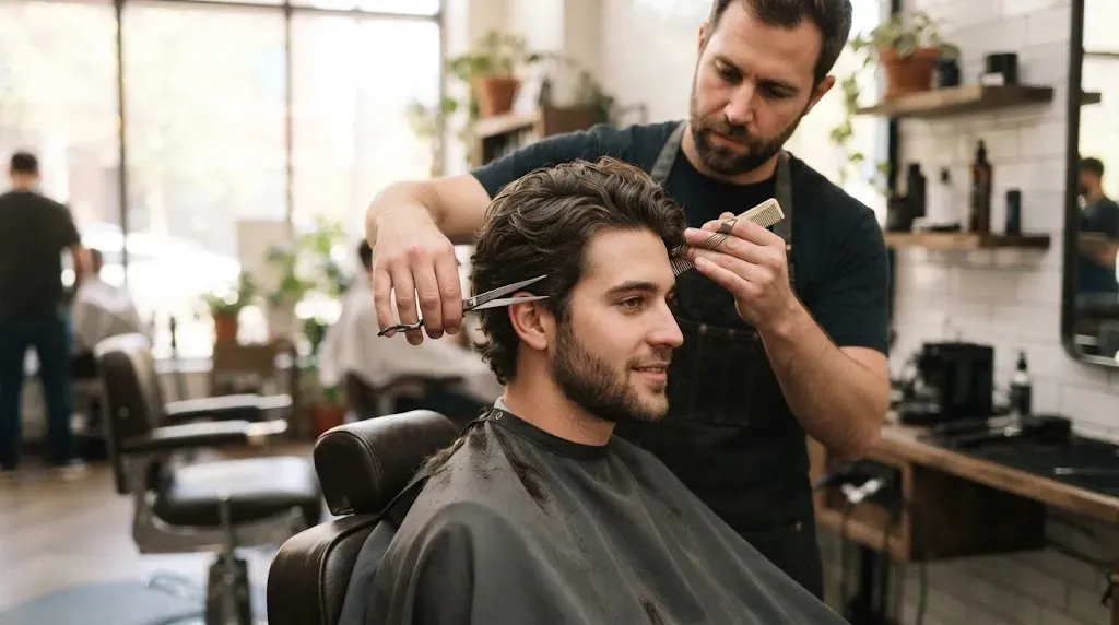 Professional barber performing maintenance trim on a man with medium-length textured hair in a modern salon.