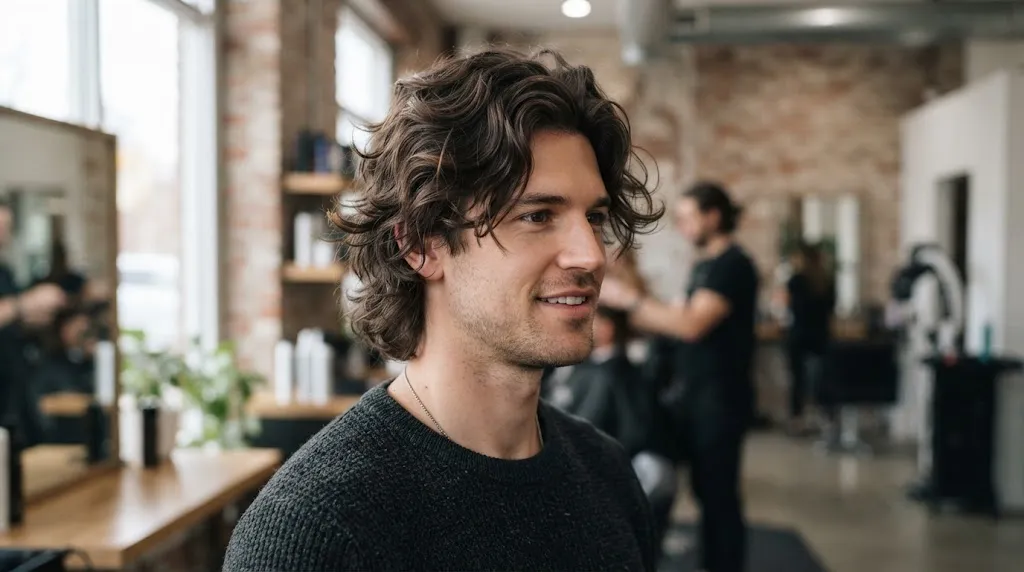 A stylish man with a medium-length layered shag haircut featuring textured wavy hair and natural volume.