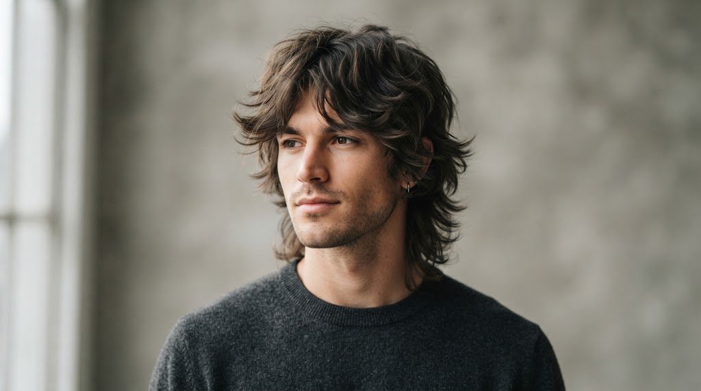 Professional men's wolf cut hairstyle with textured layers and side volume, perfect for an oblong face shape.