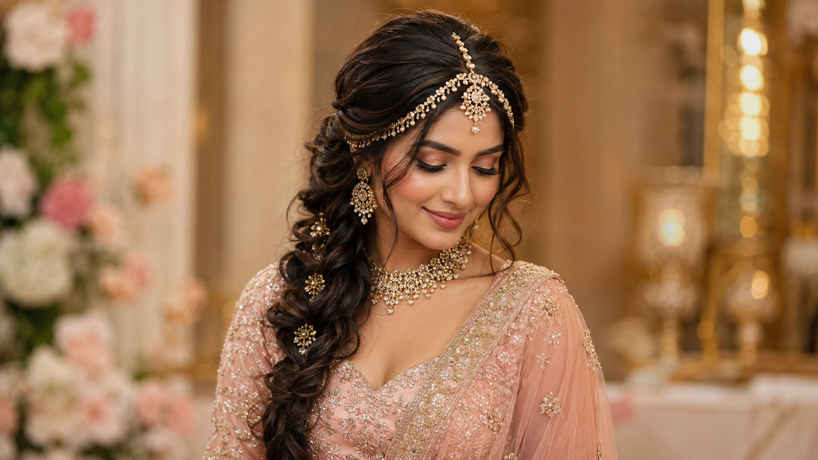 Loose messy side braid with volume adorned with a traditional matha patti for medium length hair