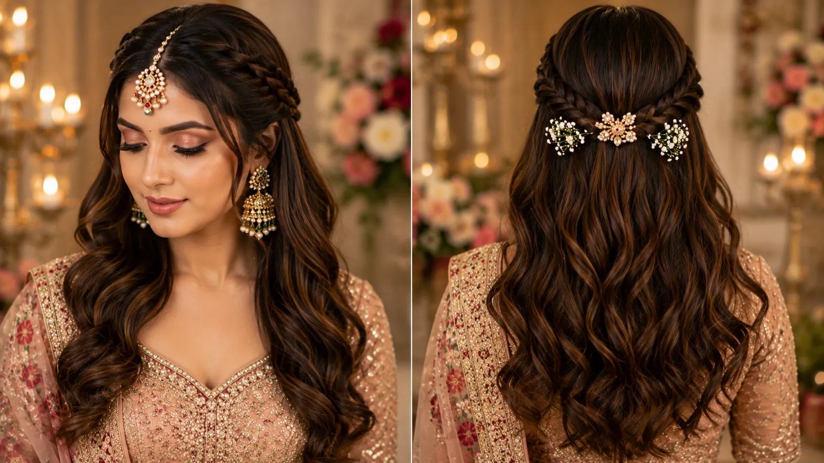 Long hair styled in middle-parted open waves featuring two small front accent braids framing the face