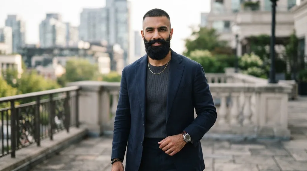 Indian man with a military buzz cut and a well-groomed full beard showcasing a sharp masculine hairstyle