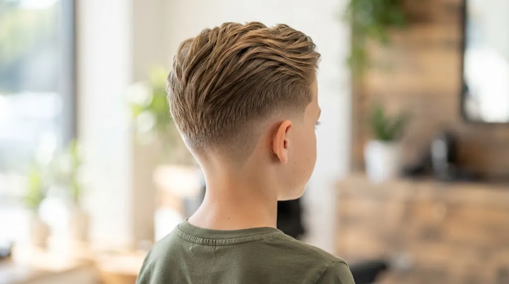 Back view of a boy with a stylish short taper fade and textured swept-back hair