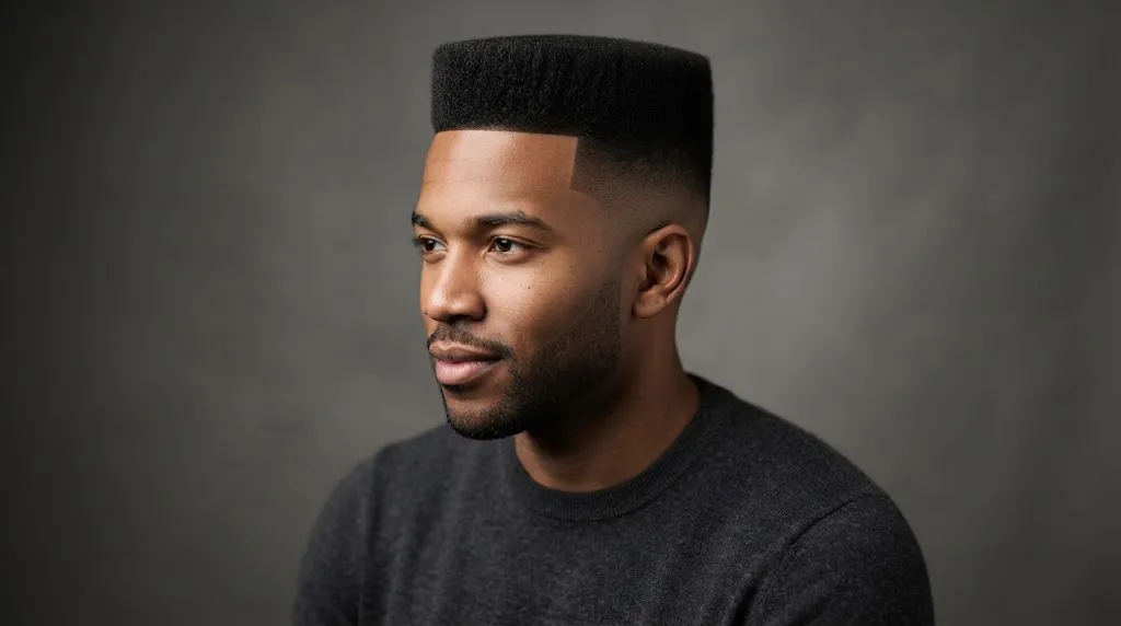 A man with a sharp, modern flat top haircut and clean mid-skin fade, showcasing a balanced style for a long face shape.