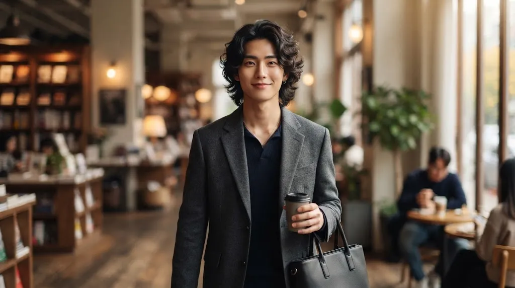 Stylish man with a modern Korean perm flow hairstyle featuring soft S-waves and natural volume, perfect for medium-length hair.