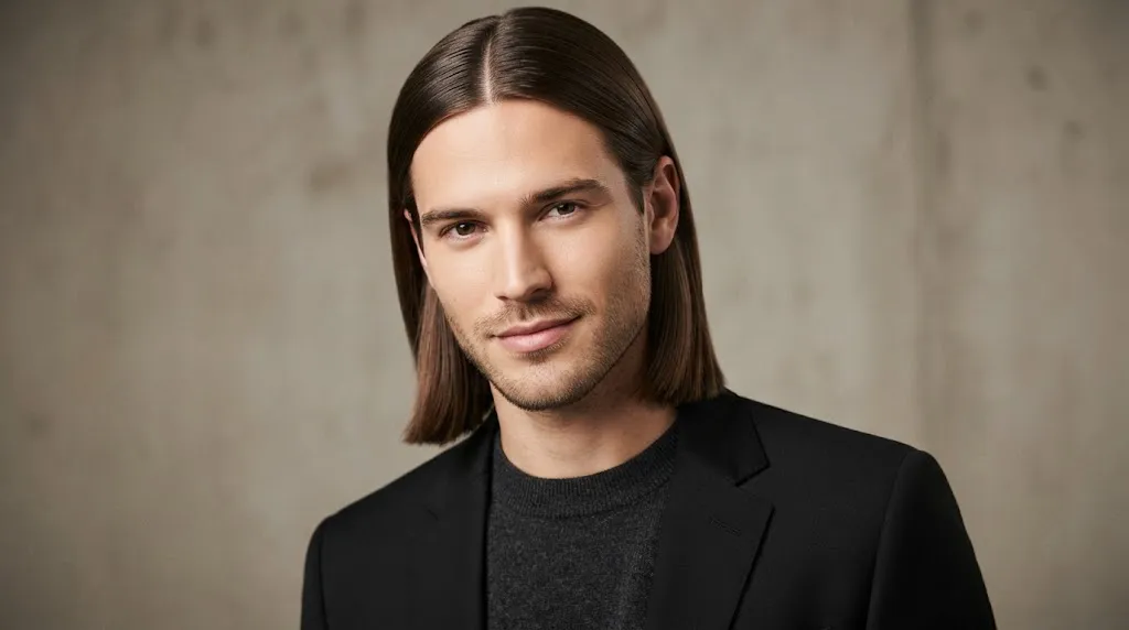 A stylish man with sleek, healthy medium-long straight hair, featuring a polished and modern professional haircut.
