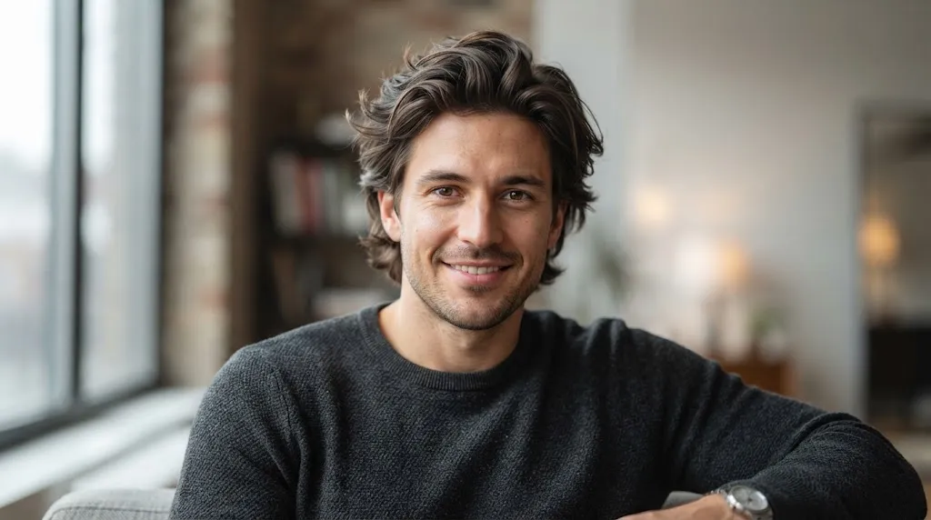 "Close-up of a man with a professionally styled medium-length haircut showing natural texture and finish."
