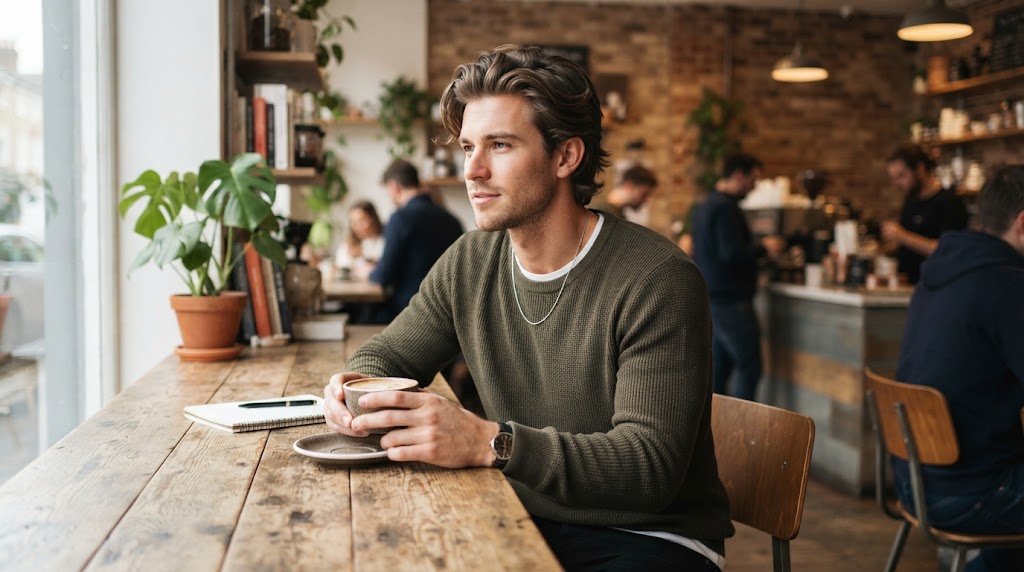 A stylish man with a professional modern medium-length hairstyle in a relaxed lifestyle setting.