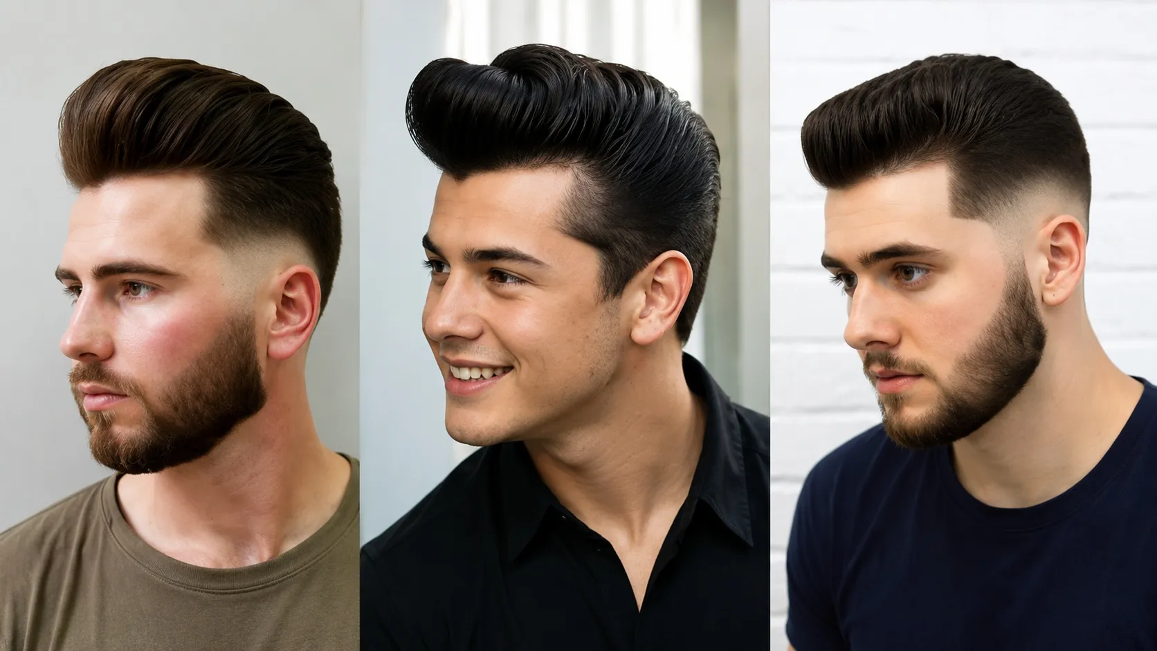 A man with a modern short pompadour haircut featuring high fade sides and blow-dried front volume styled with firm hold pomade