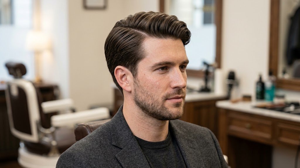 Handsome man with a clean medium length modern side part haircut styled with natural texture