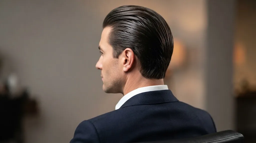 A stylish man with a clean, professional slick-back hairstyle viewed from a rear-side angle, showcasing smooth directional hair flow.