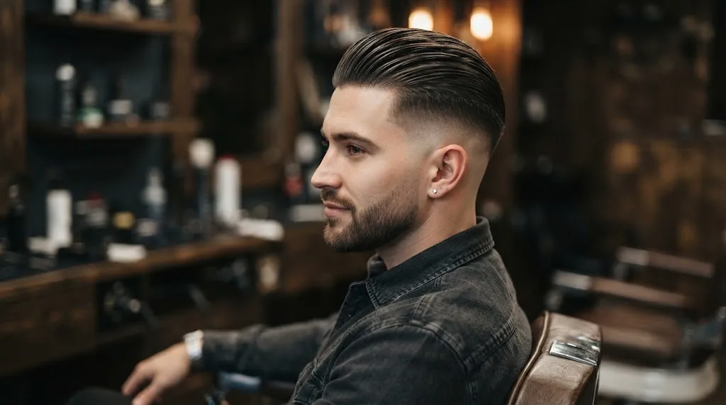 A stylish man with a slicked-back undercut hairstyle showing short sides and groomed top for a long face shape
