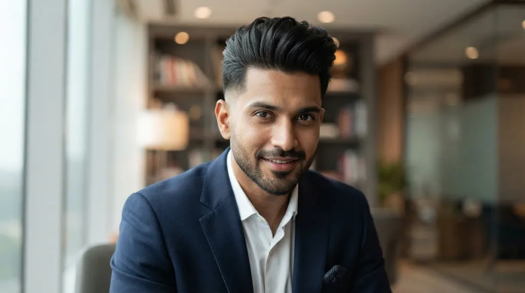 Handsome Indian man with a professional modern swept-back hairstyle featuring thick, voluminous hair and a clean taper fade.