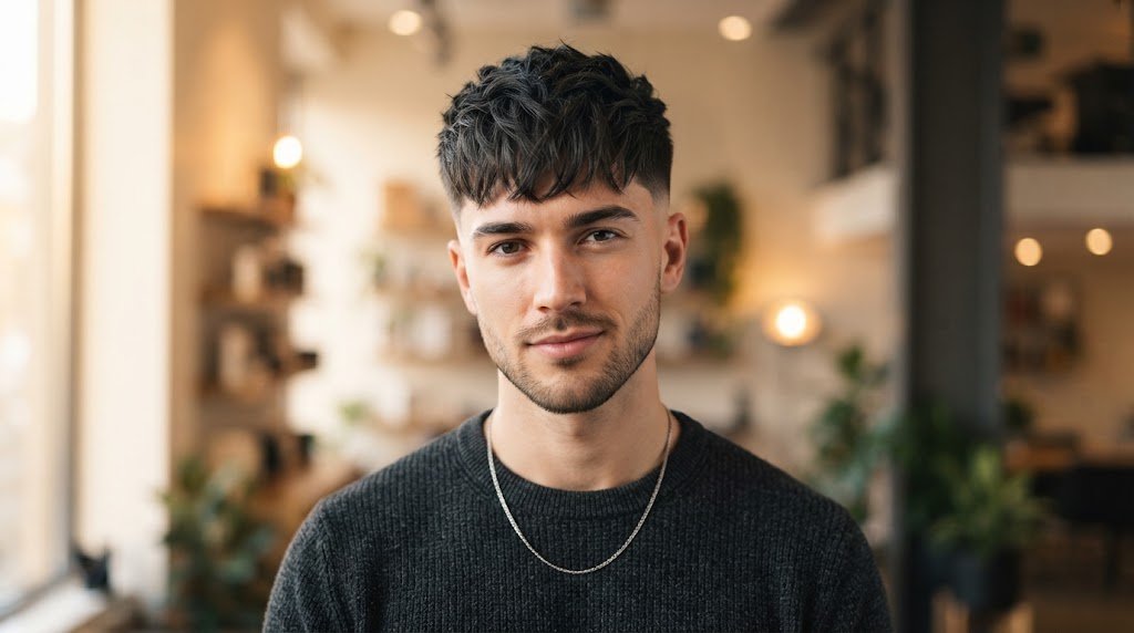 A stylish man with an oblong face shape wearing a textured tapered fringe haircut with a low taper fade.