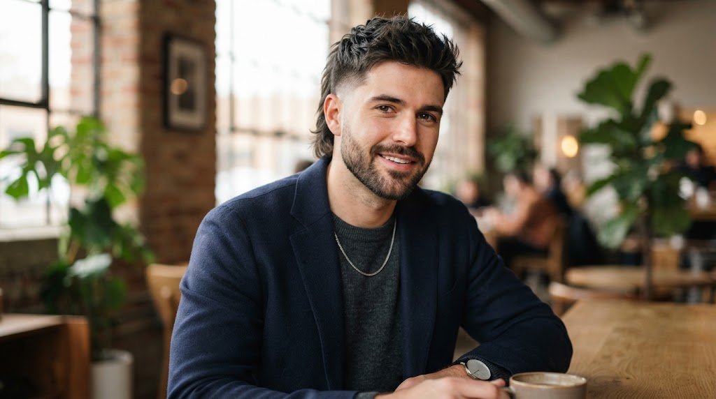A stylish man with a modern tapered mullet haircut showing a smooth transition from short sides to flowing back length.