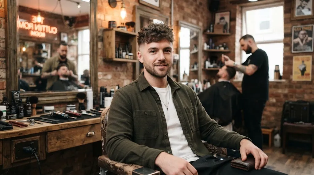 A young man with a modern textured crop haircut featuring clean sides and textured volume on top, ideal for a square face shape.