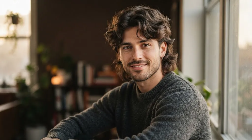 A stylish man with a modern wolf cut hairstyle featuring textured layers and wavy movement.