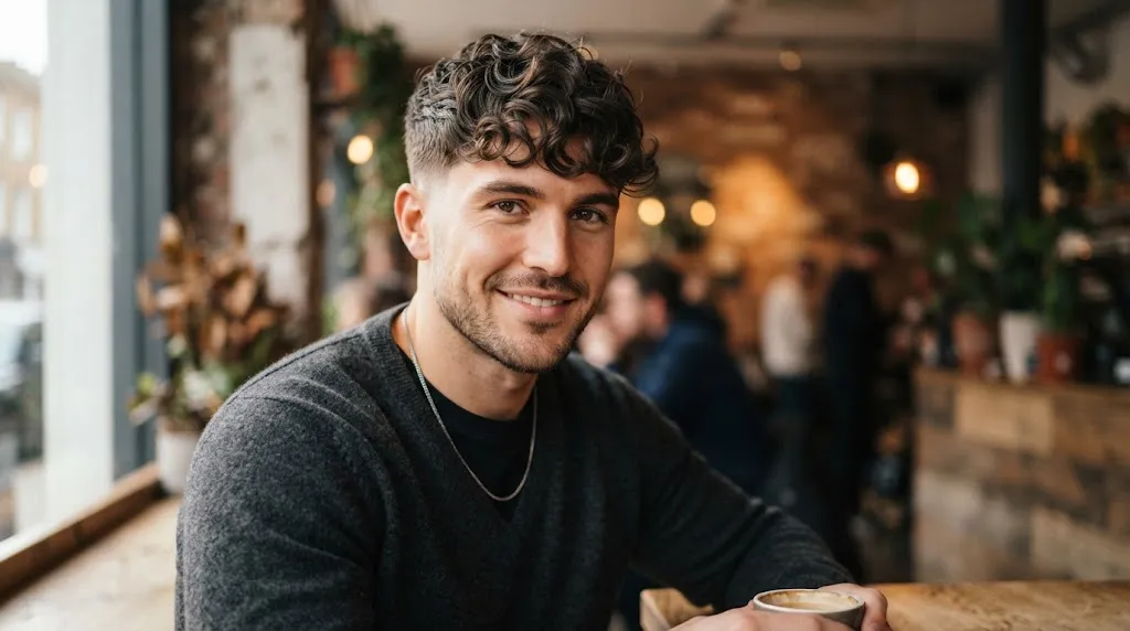 Man with a natural wavy crop hairstyle featuring textured medium length wavy hair on top and clean tapered sides.