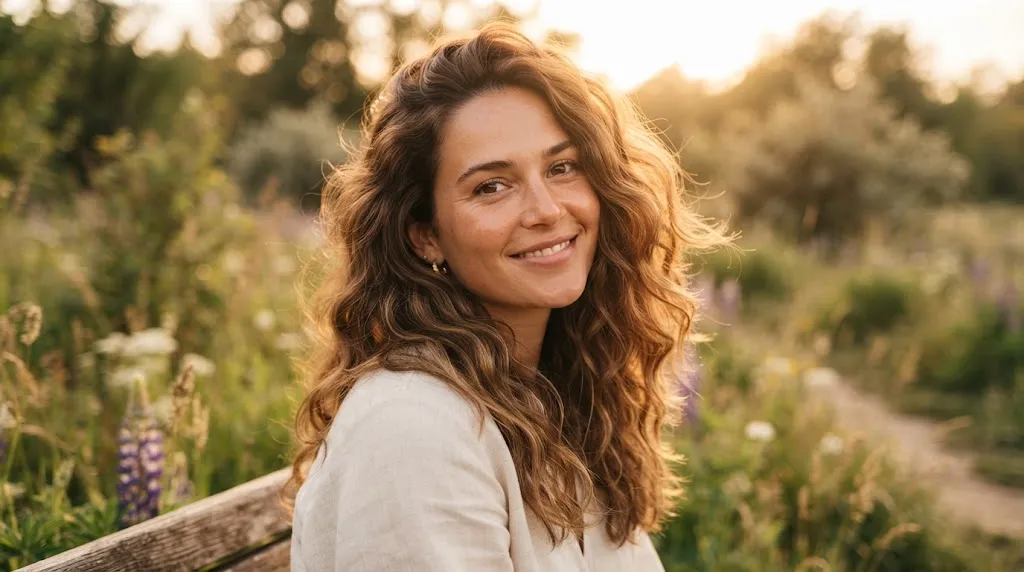 A person with beautiful natural wavy hair and soft face-framing layers outdoors during golden hour