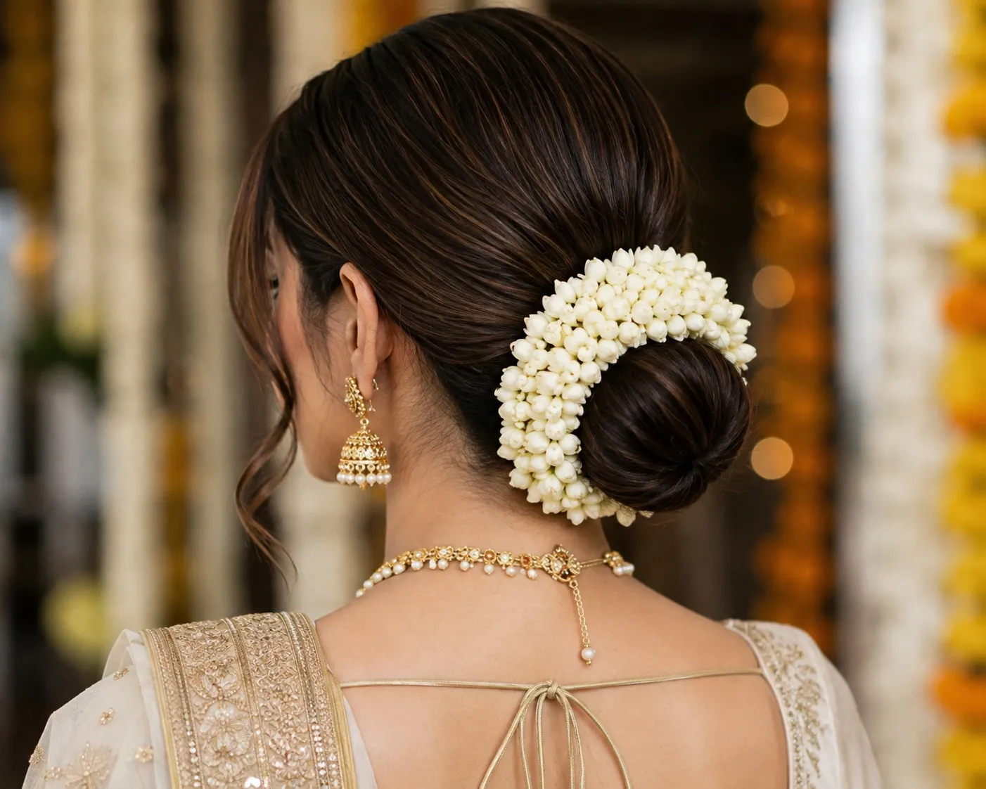 Neat low bun styled at the nape of the neck wrapped with fresh white jasmine gajra for a saree or lehenga