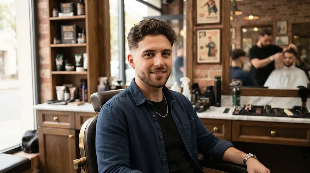 A man with natural wavy hair styled with a normal slope haircut showing a soft gradual transition on the sides and back