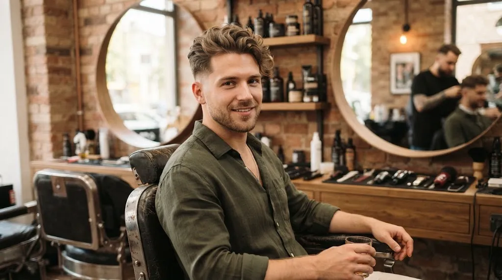 A stylish man with a normal slope haircut and longer top styling in a modern barbershop