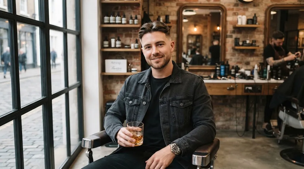 Man with a normal slope haircut and a stylish middle part hairstyle in a modern barbershop