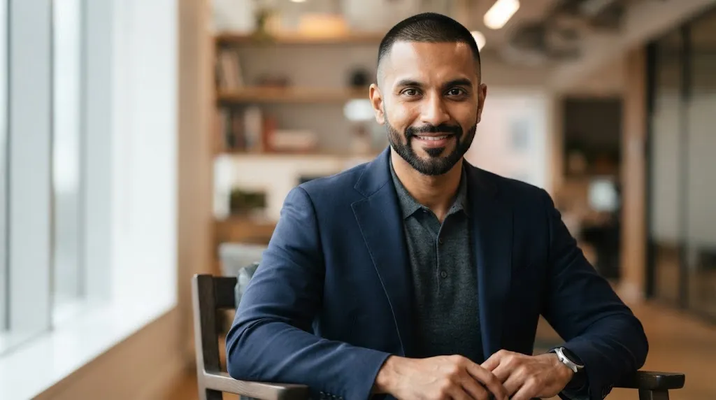 An Indian man showcasing a clean Number 2 buzz cut paired with a well-groomed short boxed beard.