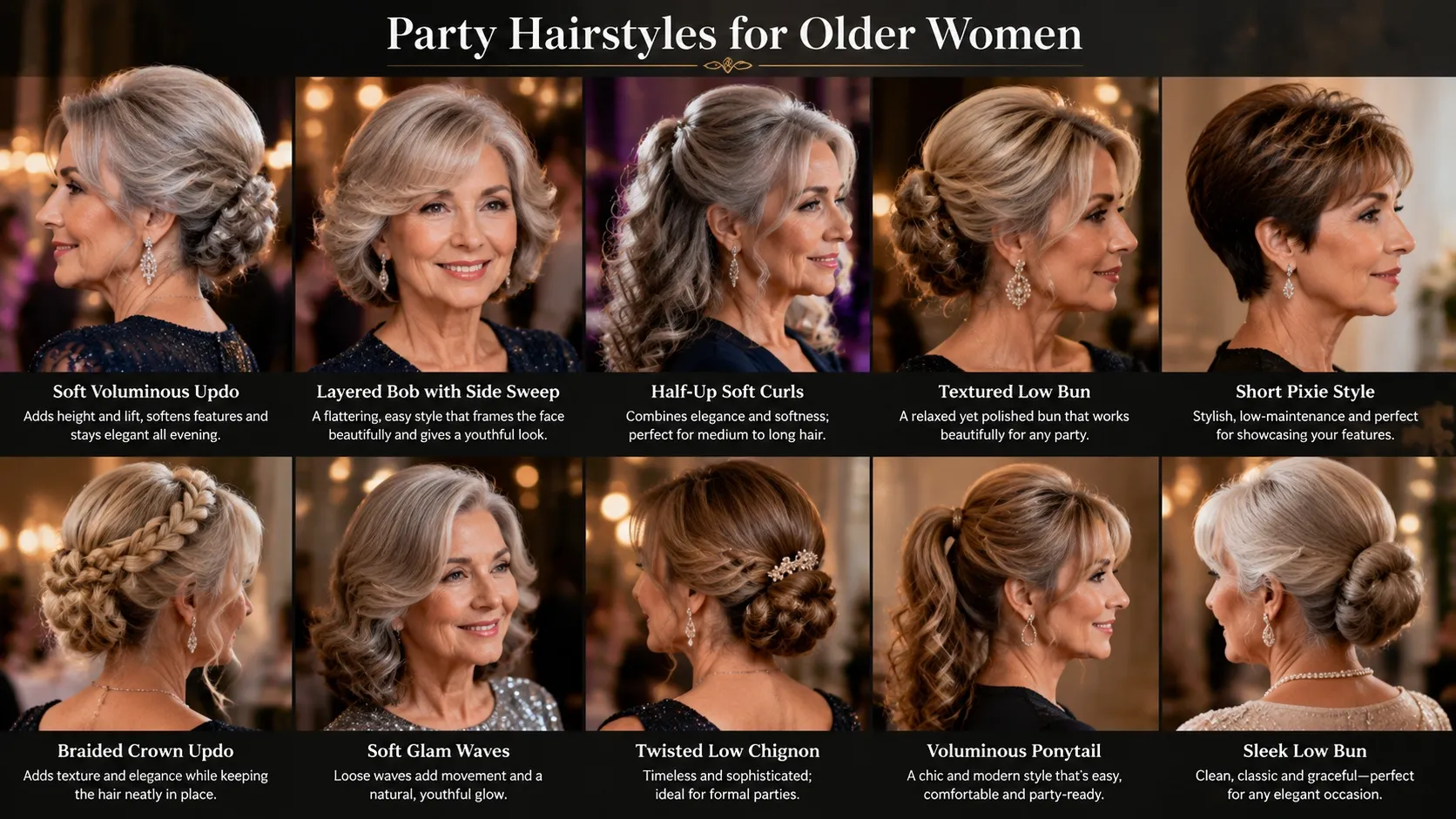 Mature woman with silver-blonde hair styled in an elegant, textured soft low updo for a party