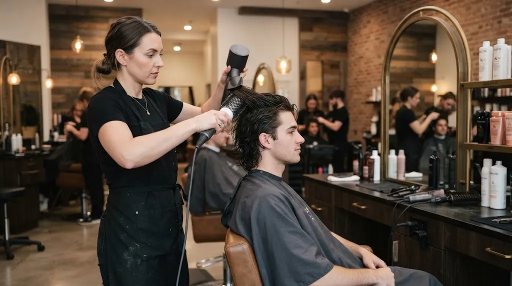 A professional hairstylist in an upscale salon blow-drying and styling a man's hair backward to maintain a clean back hairstyle.